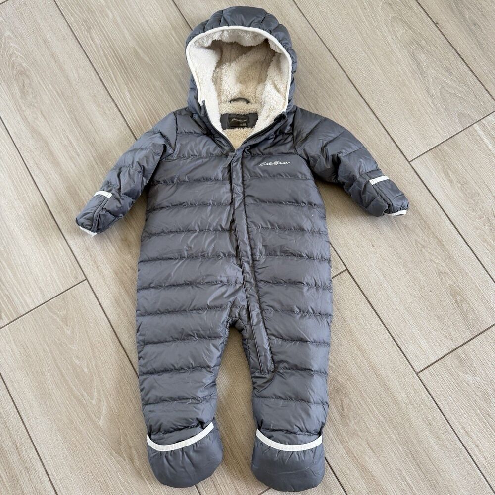 EDDIE BAUER  18M DOWN Sherpa Lined Snowsuit Gray Mittens Booties Bunting Jacket